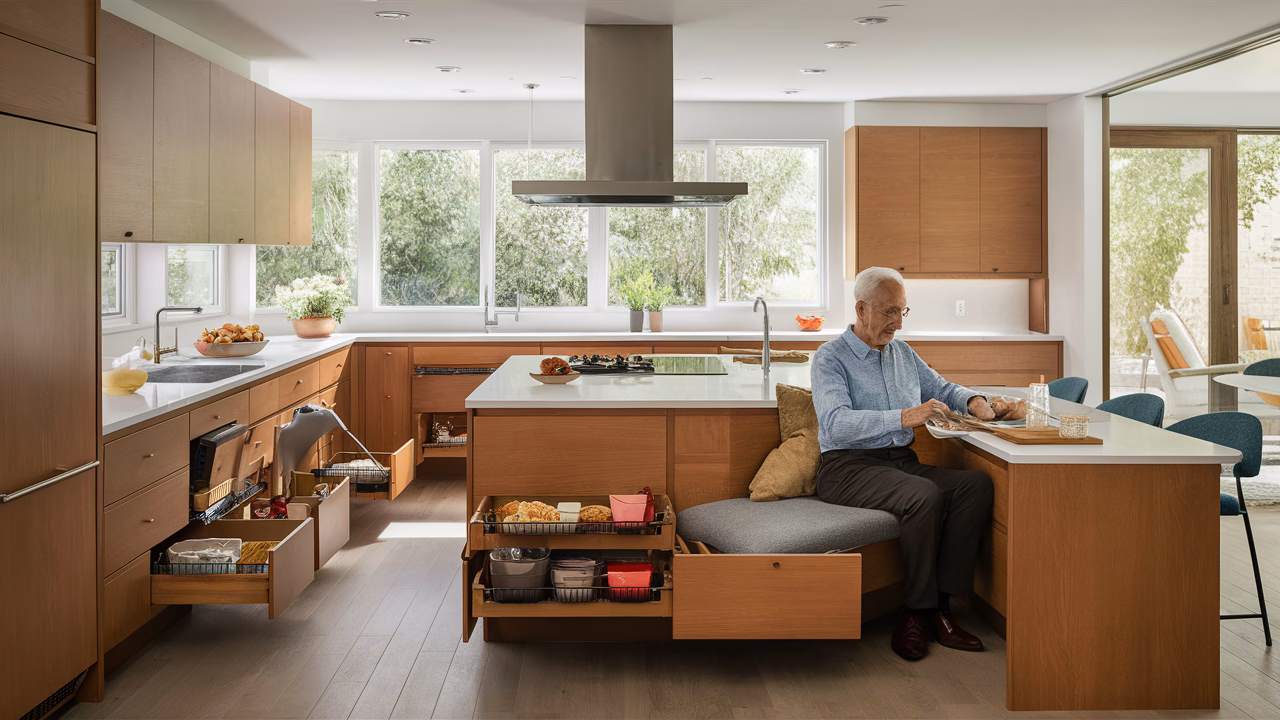 Accessible kitchen design for seniors Modern kitchen with wide walkways and accessible appliances