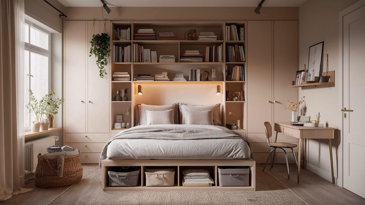 BTO Bedroom Space Saving Design Cozy and well-organized BTO bedroom with space-saving furniture and soft lighting