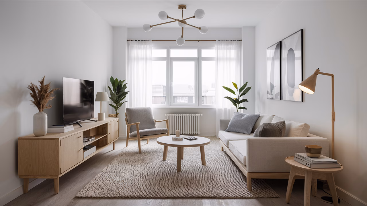 BTO Flat Minimalist Living Room Modern minimalist living room in a BTO flat with light wooden furniture and clean white walls