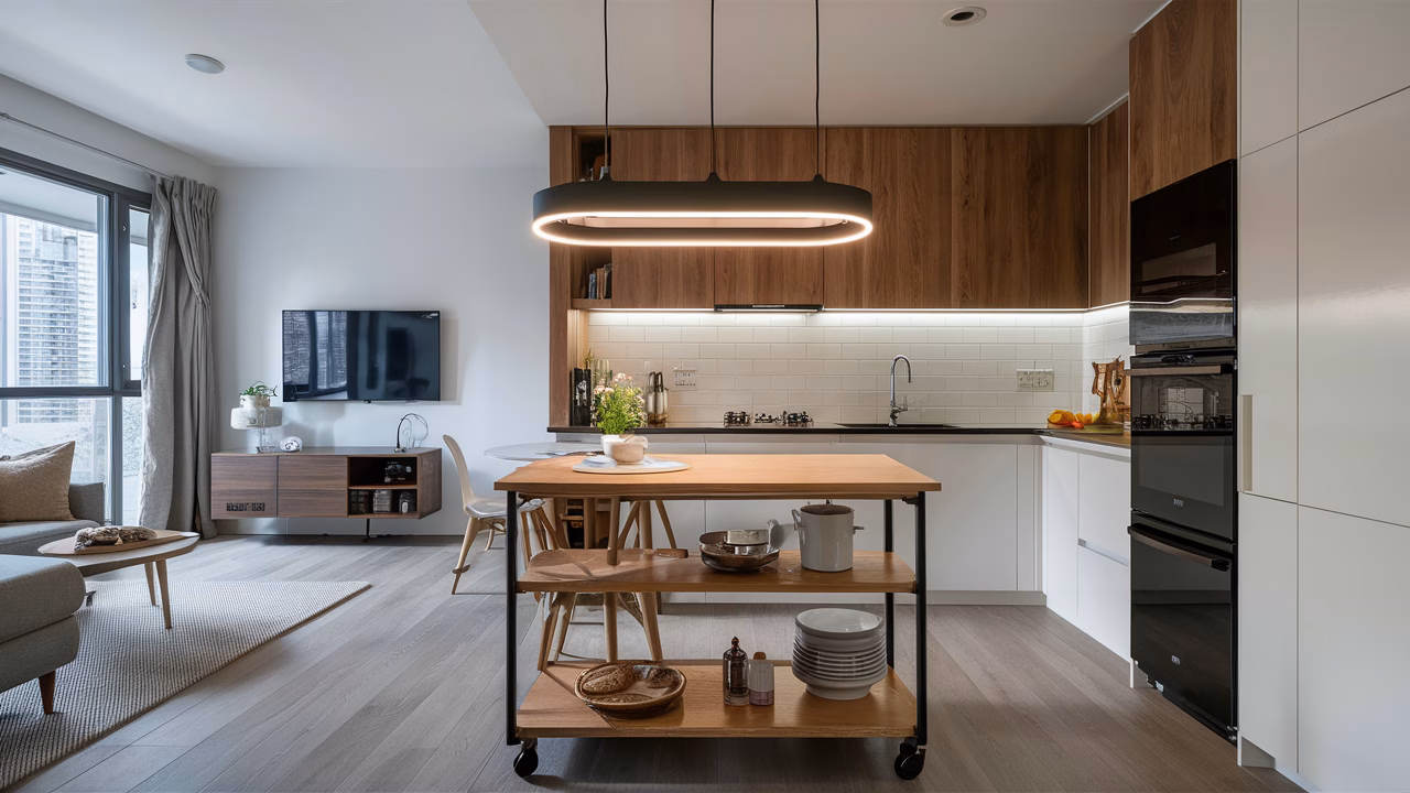 Space-saving kitchen island layout compact kitchen island in small HDB flat