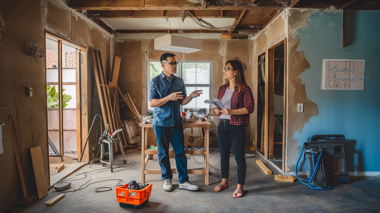 Contractor discussing renovation project Contractor speaking to homeowner during renovation