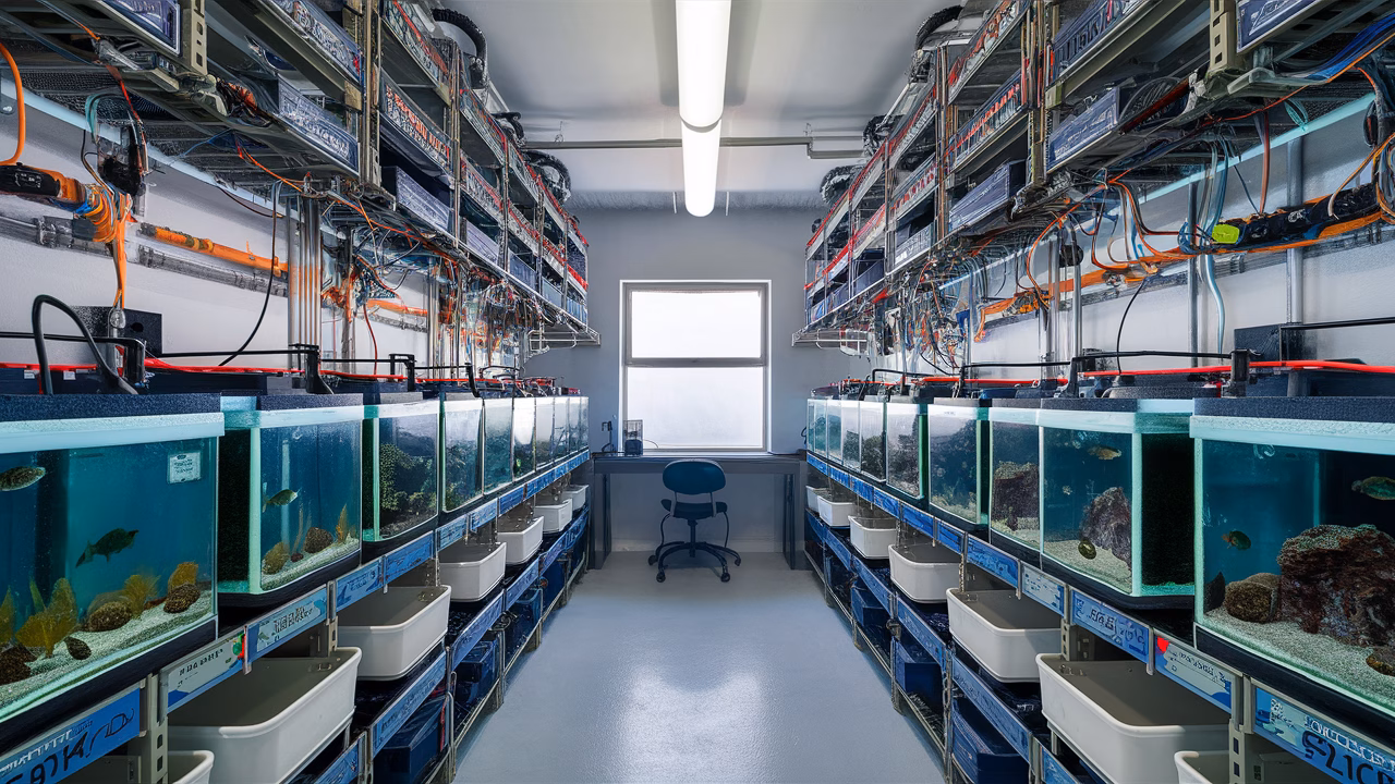Organized fish room layout Efficient fish room with multiple organized tanks and clear labeling