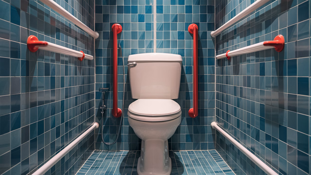 Safety grab bar and anti-scald device Grab bar by toilet in elderly bathroom