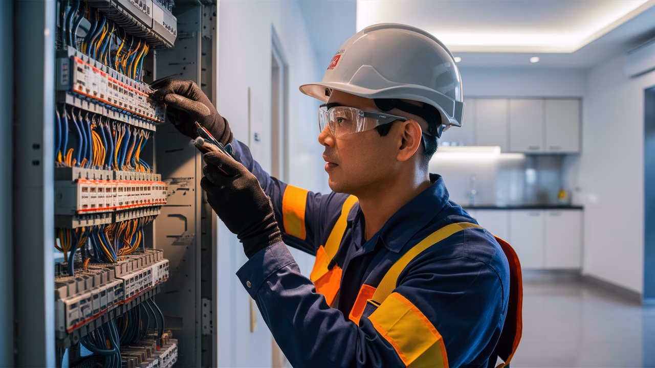 Professional HDB Electrical Inspection Licensed electrical worker inspecting HDB flat wiring