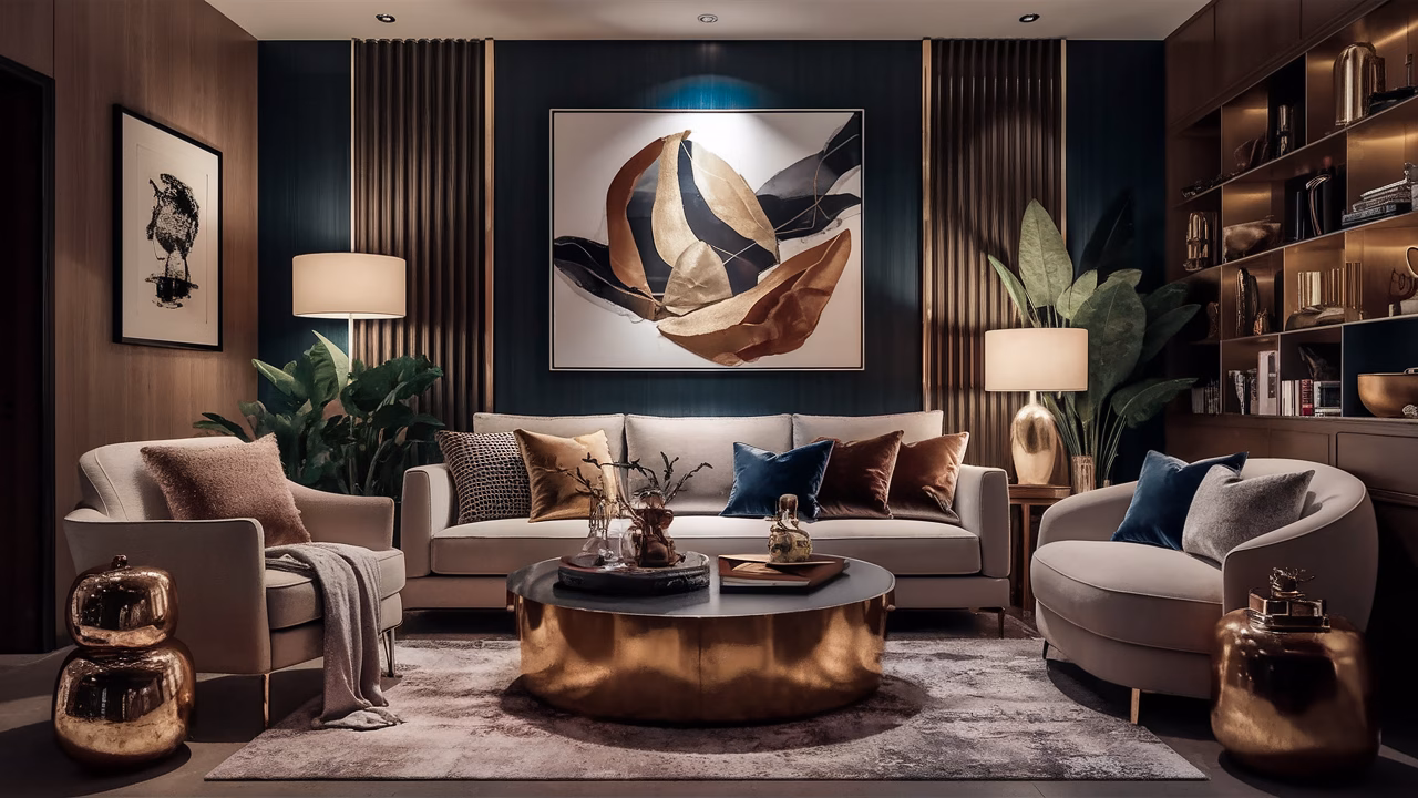 HDB Living Room Luxury Luxurious HDB living room with layered textures and statement art