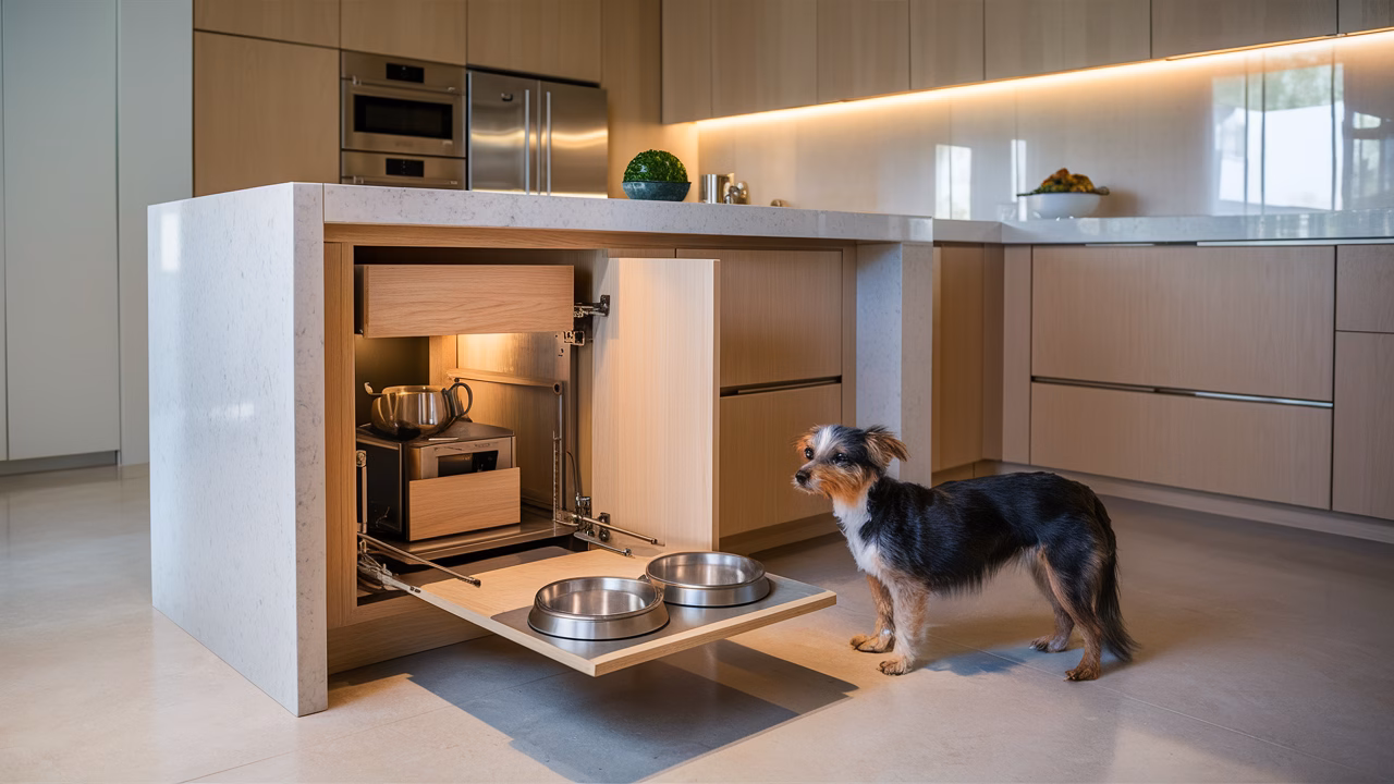 Sleek hidden dog food station Modern kitchen with hidden pull-out dog food station under a quartz countertop, sleek and minimalist