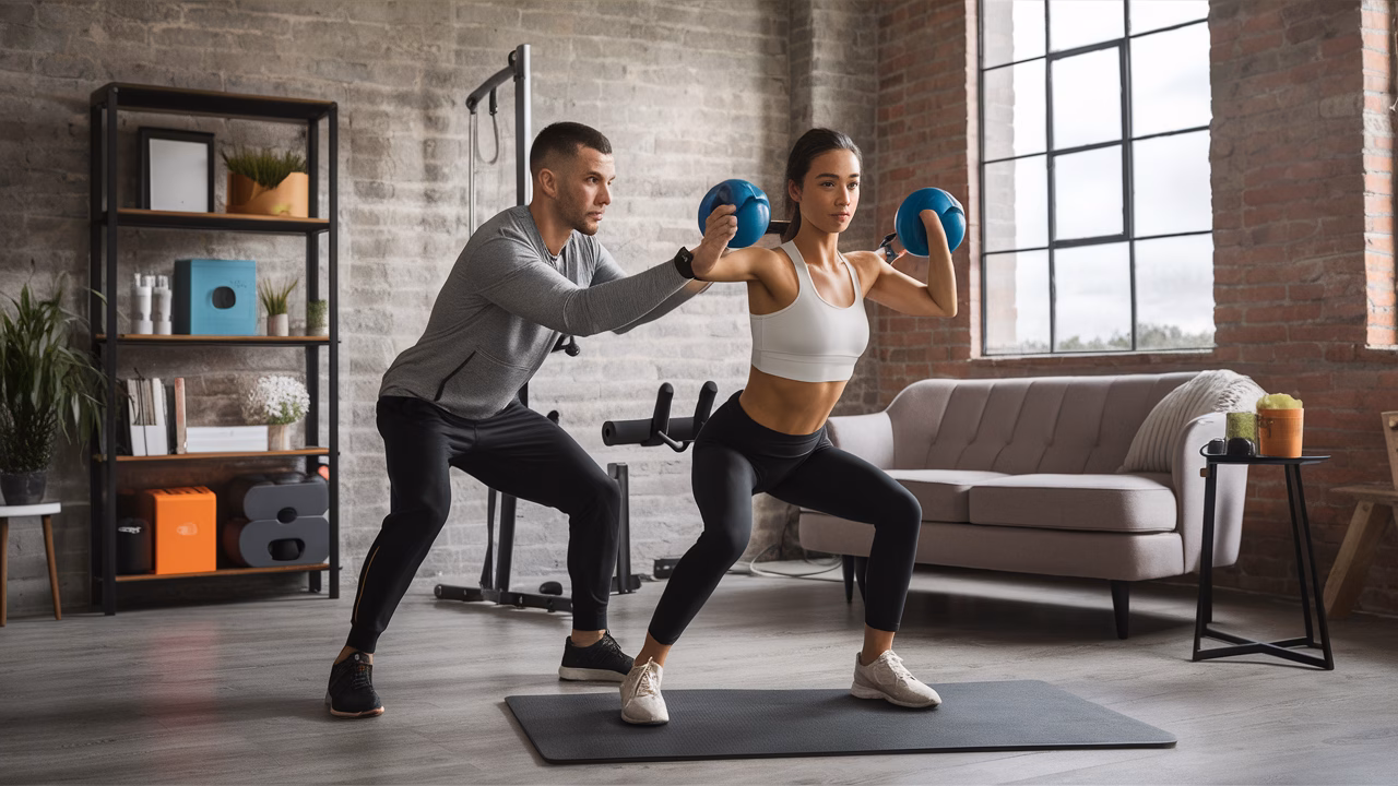 Home Workout Routines Fitness coach guiding a busy parent doing effective home workout routines for beginners in a modern, space-saving home gym setup.