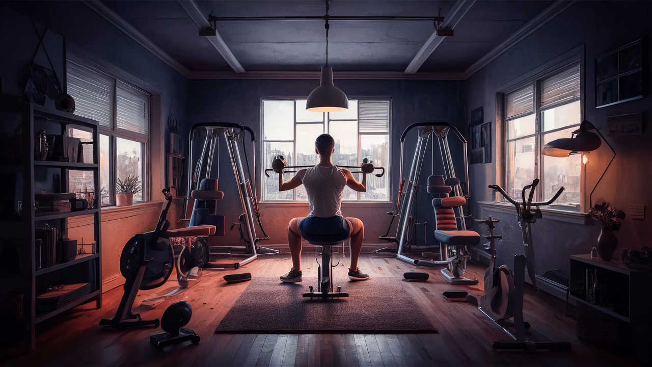 Motivational Home Gym Motivational home gym setup in a small apartment with space-saving equipment and good lighting.