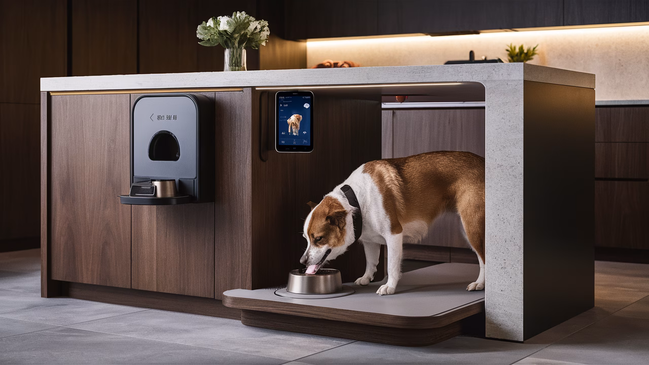 Integrated smart pet station Smart pet feeding station integrated into kitchen island with auto-dispenser and water filter, modern design