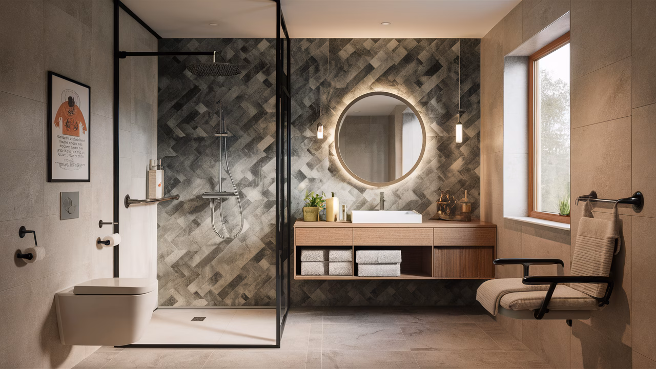Shower seat in dementia-safe bathroom Shower with safety seat in bathroom