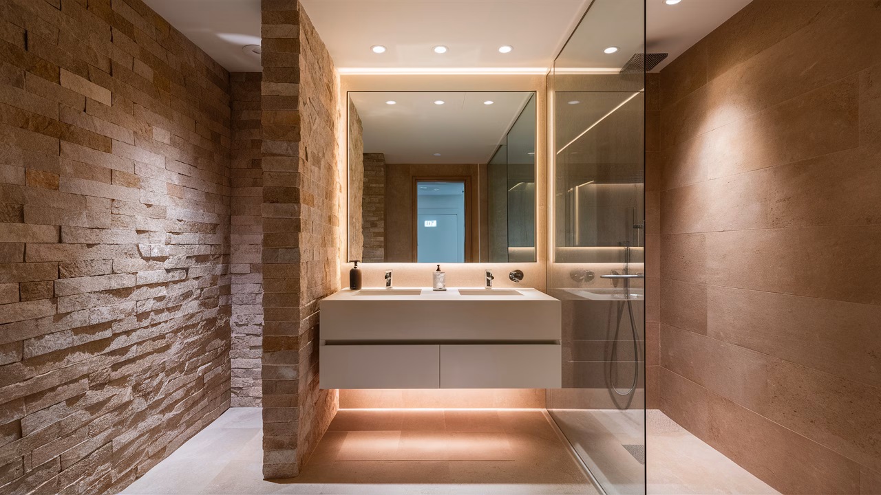Stone tiles, sleek vanity Modern bathroom with stone tiles and a sleek vanity