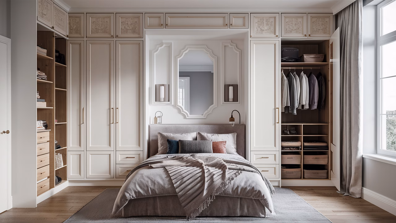 Modern Wardrobe Transformation Stylish bedroom with a creatively updated built-in wardrobe, featuring fresh paint and new hardware, reflecting a modern and organized aesthetic.