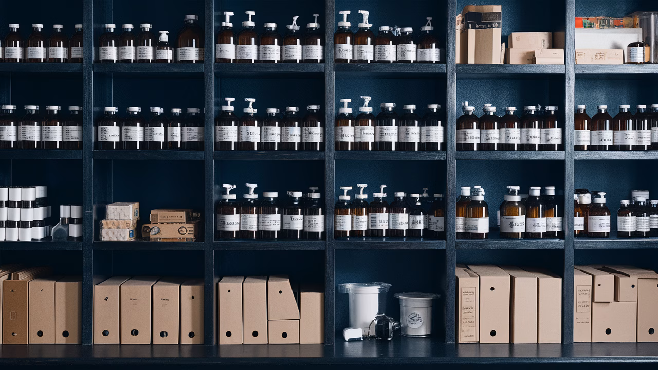 Organized Darkroom Chemicals A neat darkroom shelf with clearly labeled chemical bottles, film rolls, and paper boxes, all organized and easily accessible.