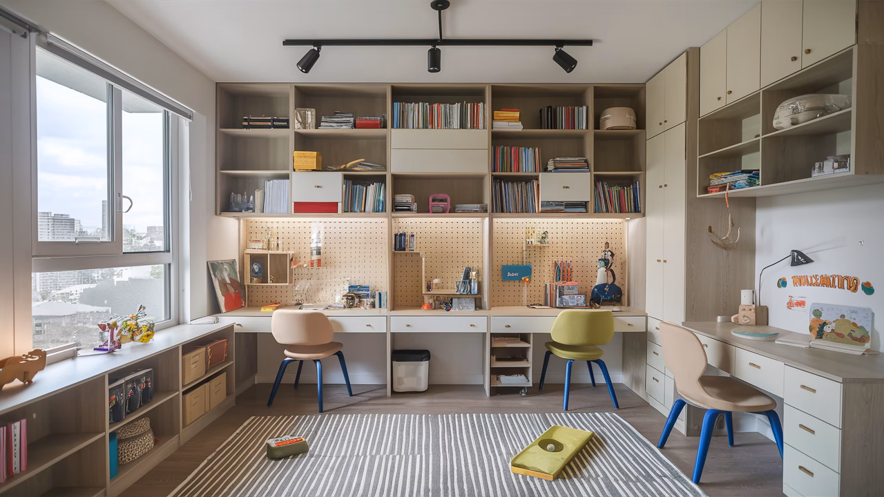 Efficient homeschooling area for small HDB flats. Organized homeschool room with built-in shelves and study nooks.