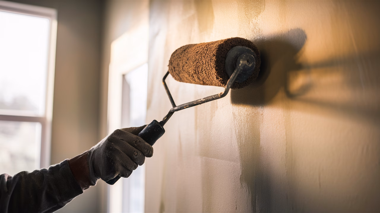 Roller painting textured wall Painter applying paint with roller on textured wall