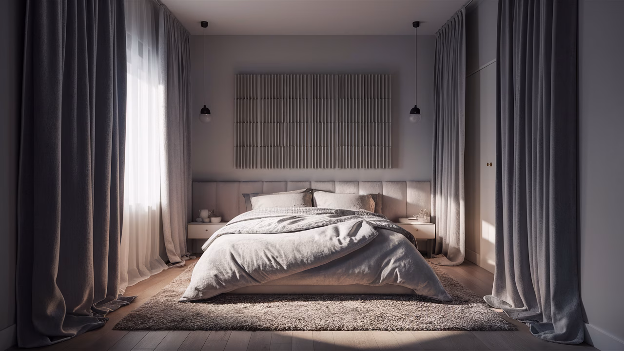 Achieving a tranquil bedroom environment Peaceful bedroom with thick curtains and an acoustic panel, showcasing effective soundproofing