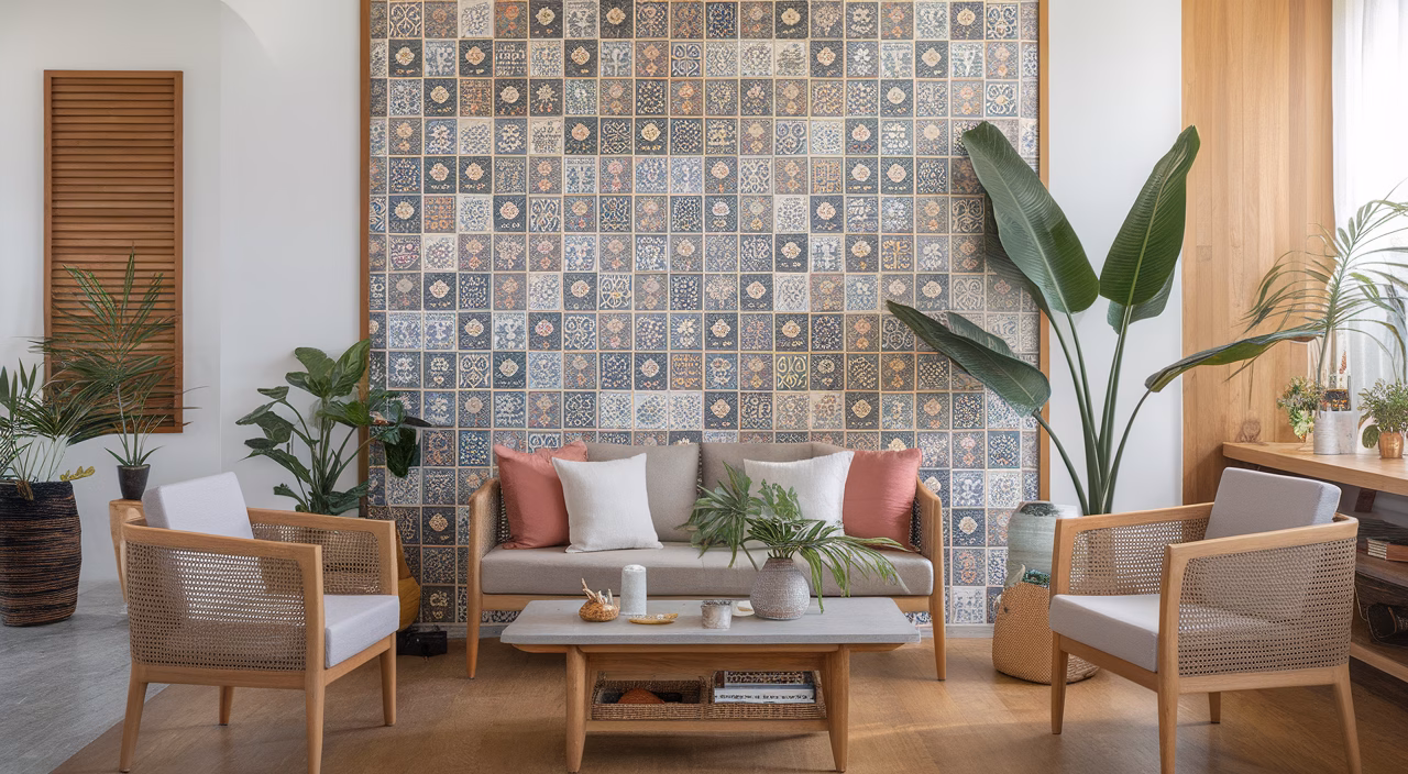 Living room accent with Peranakan tiles Peranakan tiles in living room
