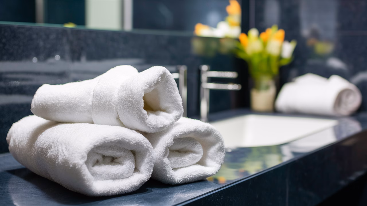 Clean modern bathroom Sparkling clean modern bathroom with fresh towels