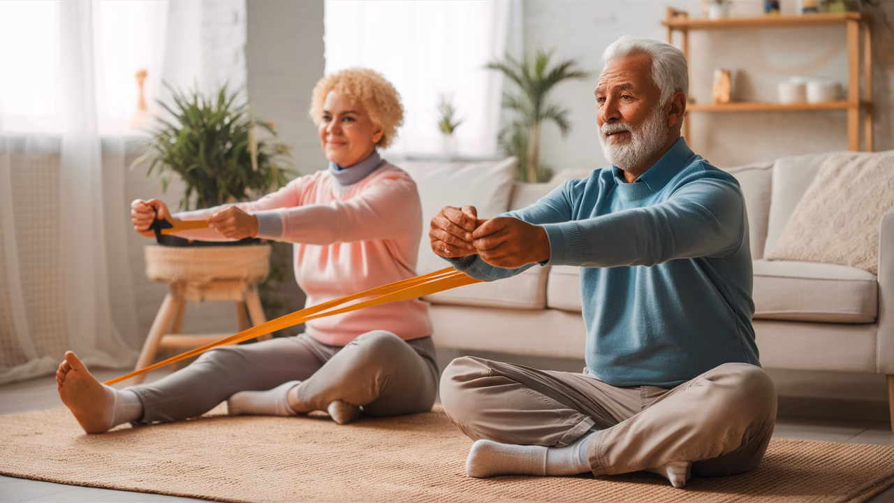 Senior-friendly seated stretch Older adult stretching arm