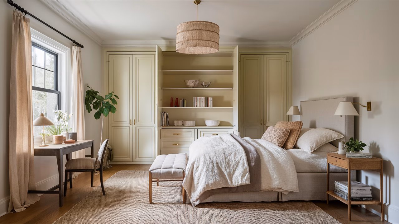 Transformed Wardrobe Showcase Bright and airy bedroom with a beautifully refreshed built-in wardrobe, showcasing the results of a successful DIY transformation.
