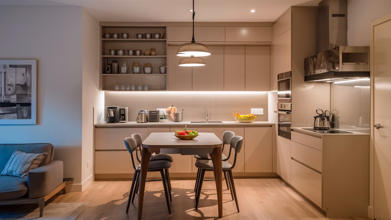 Trendy L-Shaped Kitchen Idea Modern compact kitchen layout